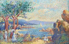 Lucien Nequelman, Figures in a Pointillist Riviera, oil on canvas