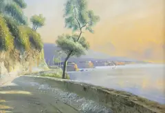 View of the Bay of Naples by Giovanni Battista, watercolor and gouache painting on board, sold Mar 2025