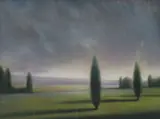 Will Klemm, Barren Landscape With Cypress Trees, pastel drawing on paper