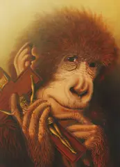 Chimpanzee Holding a Crucifix by Charles Jordan, oil on canvas, sold Mar 2025