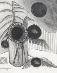 George Hamamjian, Still Life With Vase of Sunflowers, charcoal drawing on paper