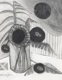 George Hamamjian, Still Life With Vase of Sunflowers, charcoal drawing on paper