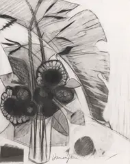 George Hamamjian, Still Life With Vase of Flowers, charcoal drawing on paper