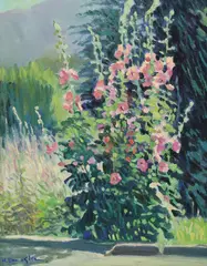 Robert A. Daughters, Hollyhocks, oil on canvas