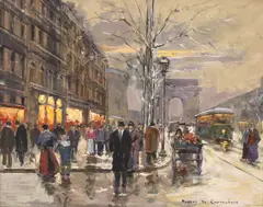Robert De Chatelenne, Champs-Elysees with the Arc de Triomphe, oil on canvas