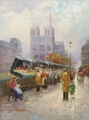T.E. Pencke, Les Bouquinistes with Notre-Dame Cathedral, oil on canvas