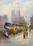 T.E. Pencke, Les Bouquinistes with Notre-Dame Cathedral, oil on canvas