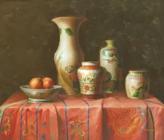 M. Moshall, Still Life with Chinese Vases on a Table, oil on canvas