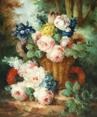 Marcus Elbeco, Still Life with Basket of Flowers, oil on canvas