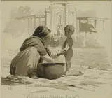 Christian August Jorgensen, A Bath near Neptune Fount, grisaille watercolor painting on paper