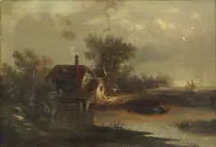 French School, Landscape with a Cottage and Water Wheel, oil on canvas