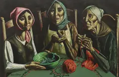 Jesus Villar, Three Women Peeling Beans and Knitting, oil on canvas
