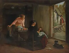 Haynes King, Two Women Looking Out to a Cottage Garden with a Gardener at Work, oil on canvas
