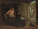 Haynes King, Two Women Looking Out to a Cottage Garden with a Gardener at Work, oil on canvas
