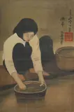 Nguyễn Phan Chánh, Woman Washing Vegetables, silkscreen in colors on woven textile laid on paper