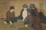 Nguyễn Phan Chánh, Children Playing O An Quan, silkscreen in colors on woven textile laid on paper