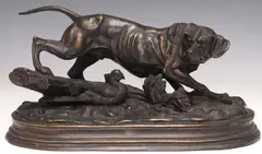 Paul Edouard Delabrierre, Hunting Dog with Peasant, Patinated bronze sculpture
