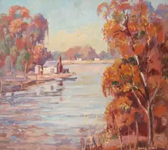 Autumn River Landscape by Louis Gabriel Sicard, oil on board, sold Feb 2025
