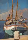 Giovanni March, Moored Sailboat, oil on board