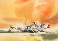 Harold Phenix, Gulf Fishing Boats, watercolor painting on paper