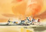 Harold Phenix, Gulf Fishing Boats, watercolor painting on paper