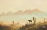 Lester C. Hughes, Cowboy and Horse in Mountainous Landscape, oil on canvas