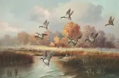 Eugene Garin, Ducks in Flight, oil on canvas