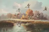 Eugene Garin, Ducks in Flight, oil on canvas