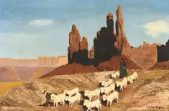 Sandra Hooper, Navajo Shepherdess in Monument Valley, oil on canvas board