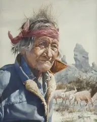 Ray Swanson, Winter at Dennehotso, watercolor portrait of a Native American