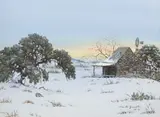 William Anthony Slaughter, Winter Landscape with Cabin and Windmill, oil on canvas