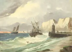 Alphonse Lévy, Coastline with lighthouse and ship tossed on stormy seas, oil on canvas