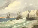 Alphonse Lévy, Coastline with lighthouse and ship tossed on stormy seas, oil on canvas