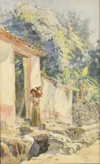 Henry Otto Wix, Young Girl with Water Jug, watercolor painting on paper laid on board