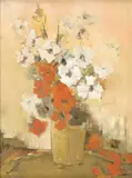 Helen Van Buren, A Few Red Blossoms, oil on Masonite
