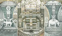 John T. Biggers, Family Arc Triptych, Large framed lithograph in colors on paper
