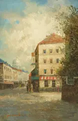 T.E. Pencke, Parisian Street Scene with the Basilica of Sacre-Coeur de Montmartre, oil on canvas