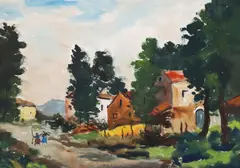 Marcello Scarano, Impressionist Village Landscape, Italian School watercolor on canvas