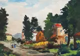 Marcello Scarano, Impressionist Village Landscape, Italian School watercolor on canvas