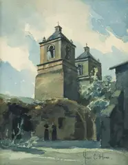 Mission Concepcion, San Antonio, Texas by John Cuthbert Hare, watercolor painting on paper, sold Dec 2024
