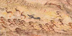 Olin Herman Travis, The Chase, African Primitive, mixed media painting on board