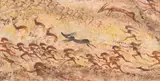 Olin Herman Travis, The Chase, African Primitive, mixed media painting on board