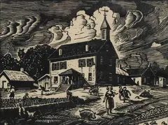 Olin Herman Travis, The School House of St. Paul, Ark, linocut on paper