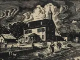 Olin Herman Travis, The School House of St. Paul, Ark, linocut on paper