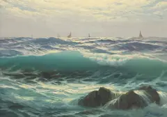 Guglielmo Welters, Crashing waves with sailboats on the horizon, oil on panel