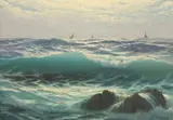 Guglielmo Welters, Crashing waves with sailboats on the horizon, oil on panel