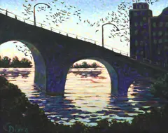Virginia Dixon, South Congress Bridge with Bats, acrylic on canvas
