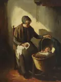 Bernard de Hoog, Mother watching child in bassinet, oil on canvas