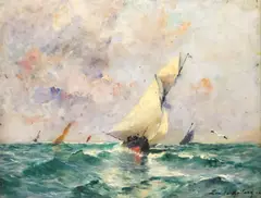 Émile Maillard, Sailboats on the waves, oil on paper board