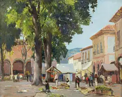 Anthony Thieme, Mexican Village Square, oil on canvas